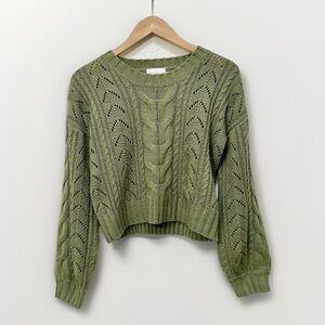 Pink Rose Green Crew Neck Cable Knit Cropped Sweater